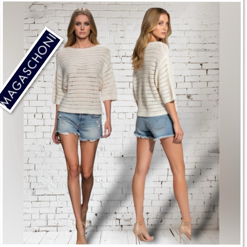 NWT MAGASCHONI White Crochet Dolman Short Sleeves Sweater Top Pullover Sz S